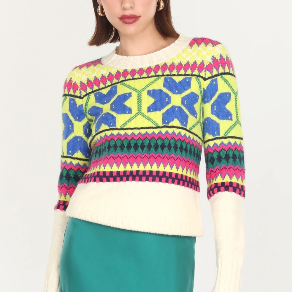 Greylin Frances Fair Isle Sweater Womens S Wool Cream Ivory Crew Neck Pullover